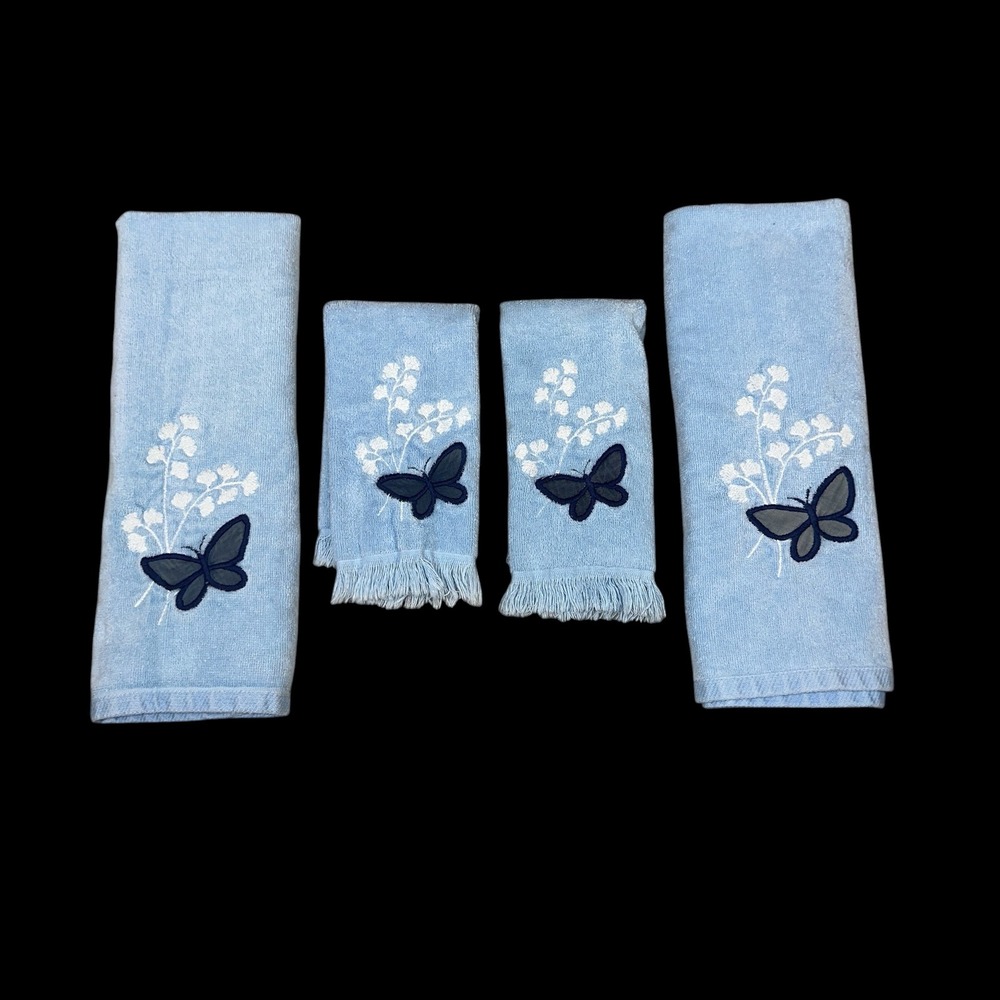 Vintage Ames 4 Piece Towel Set Light Blue Embroidered Butterfly Floral Fringed